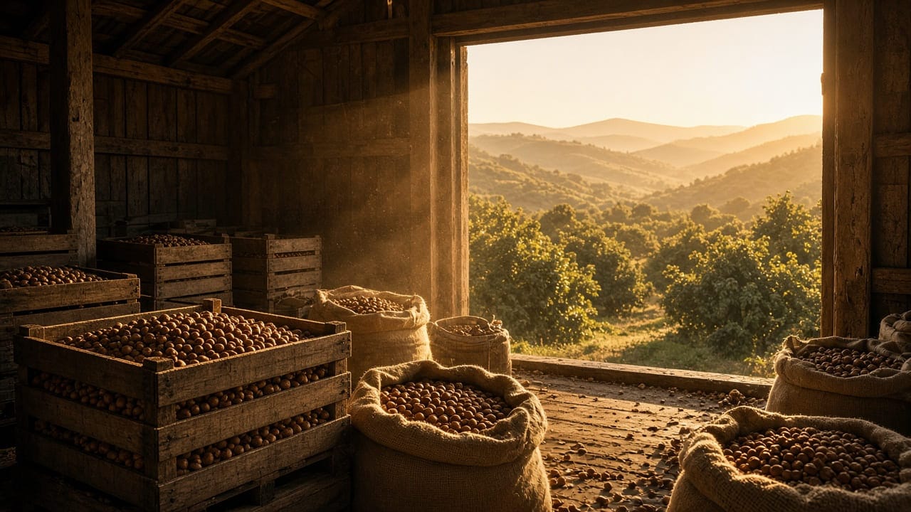 Karadeniz fındık alım deposunda çuval ve sandıkta kabuklu fındık