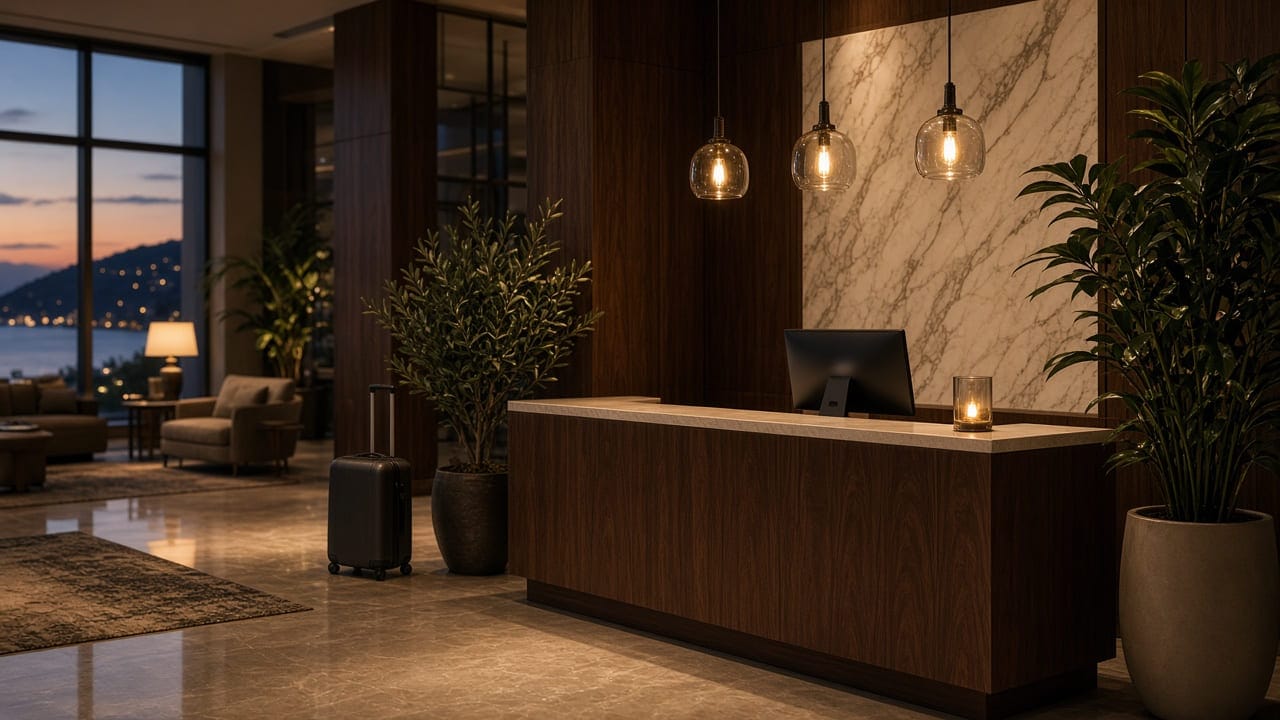 Butik otel lobisi ve ahşap resepsiyon bankosu